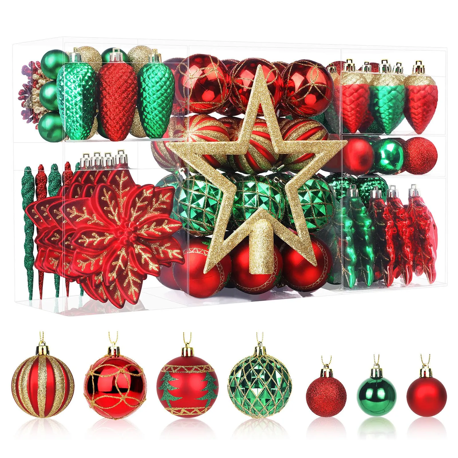 106PCS Red Green Gold Christmas Balls Ornaments Set, with Hanging Hooks