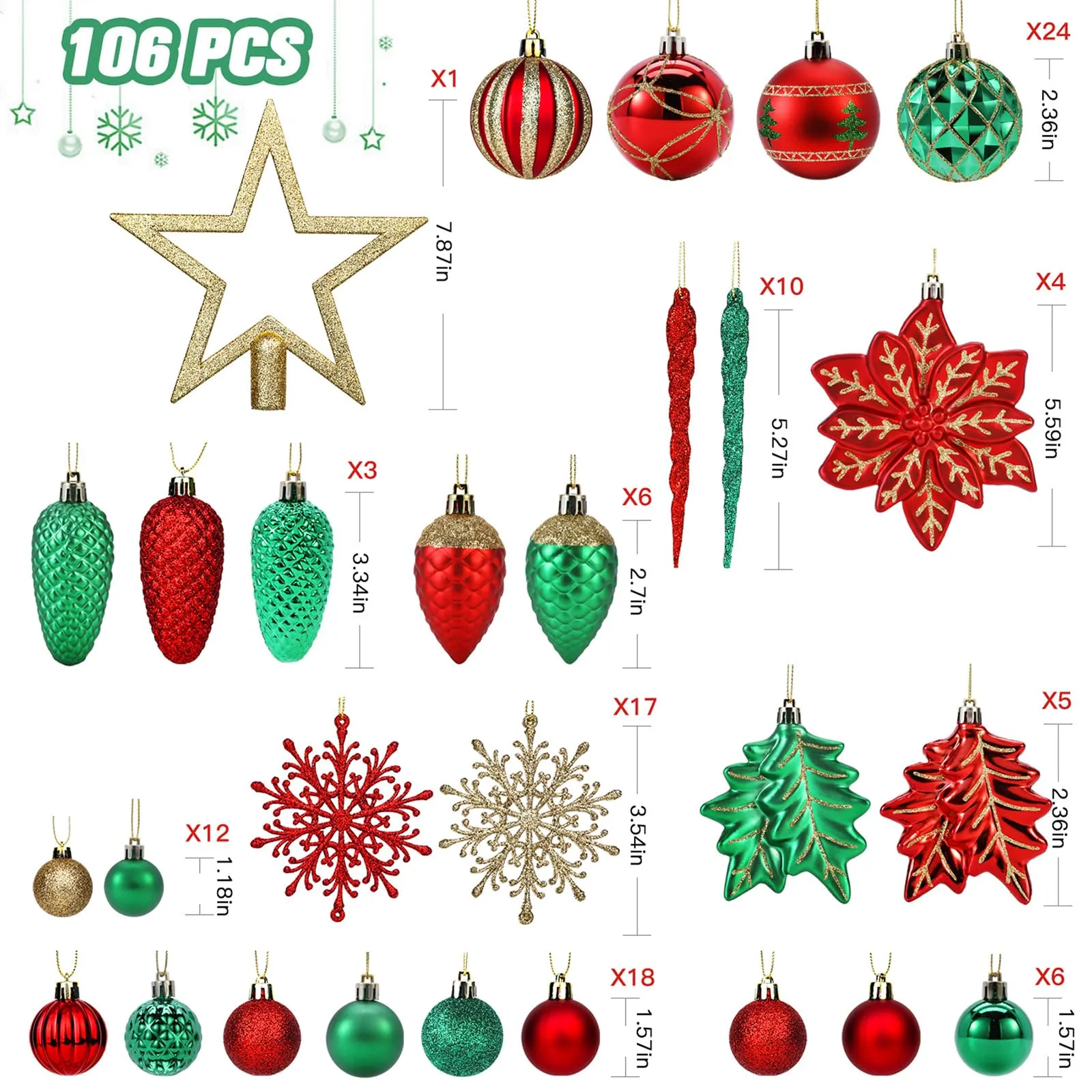 106PCS Red Green Gold Christmas Balls Ornaments Set, with Hanging Hooks