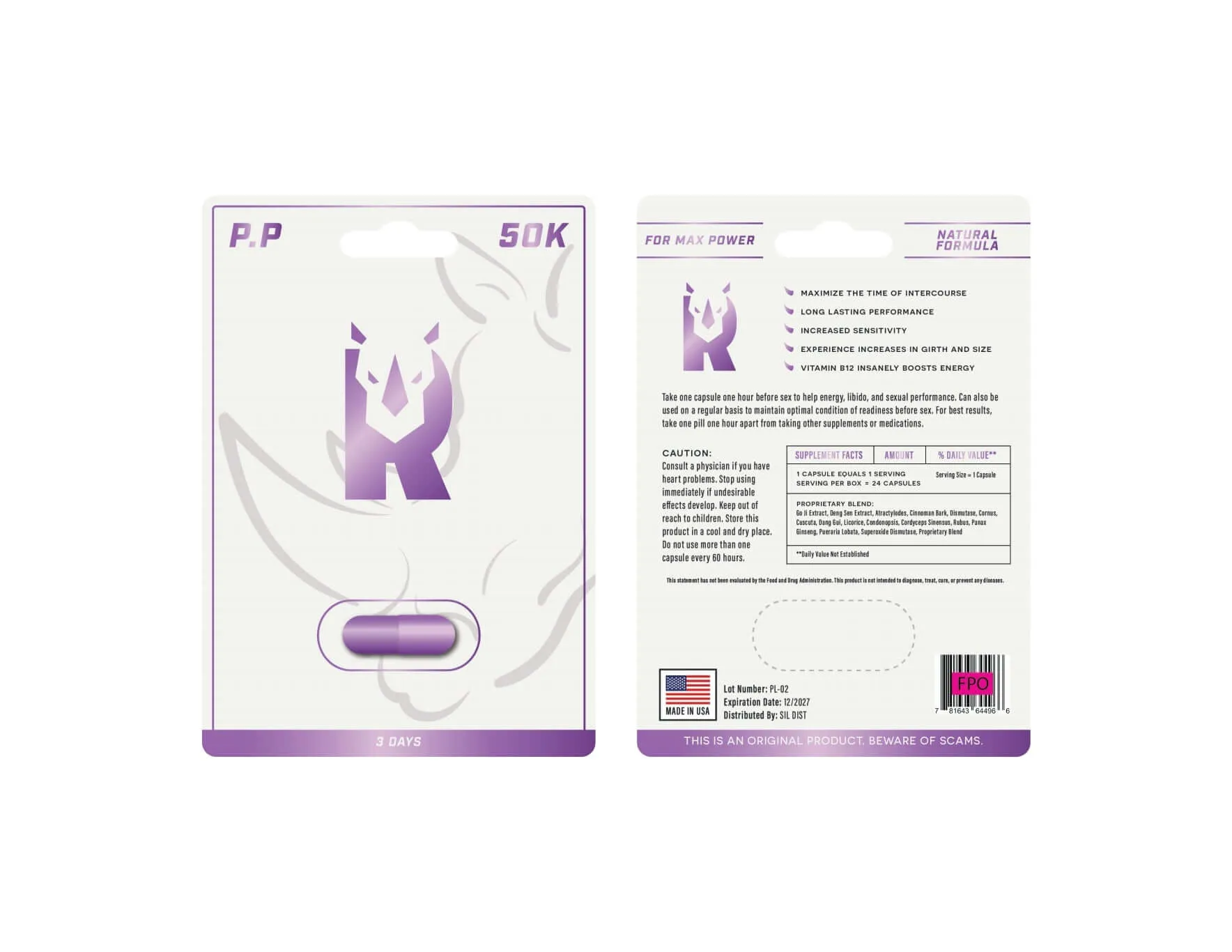 50K Pure Purple Male Enhancement Pill - 24 Count Display | Natural Formula for Maximum Power