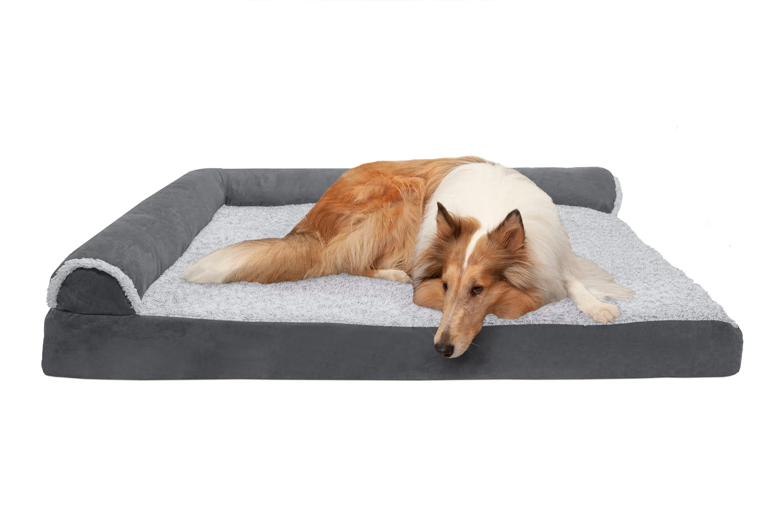 Deluxe Chaise Lounge Dog Bed - Two-Tone Faux Fur & Suede