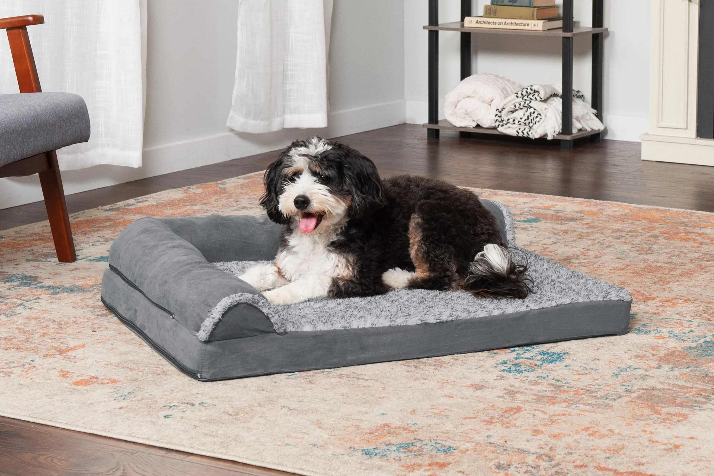 Deluxe Chaise Lounge Dog Bed - Two-Tone Faux Fur & Suede