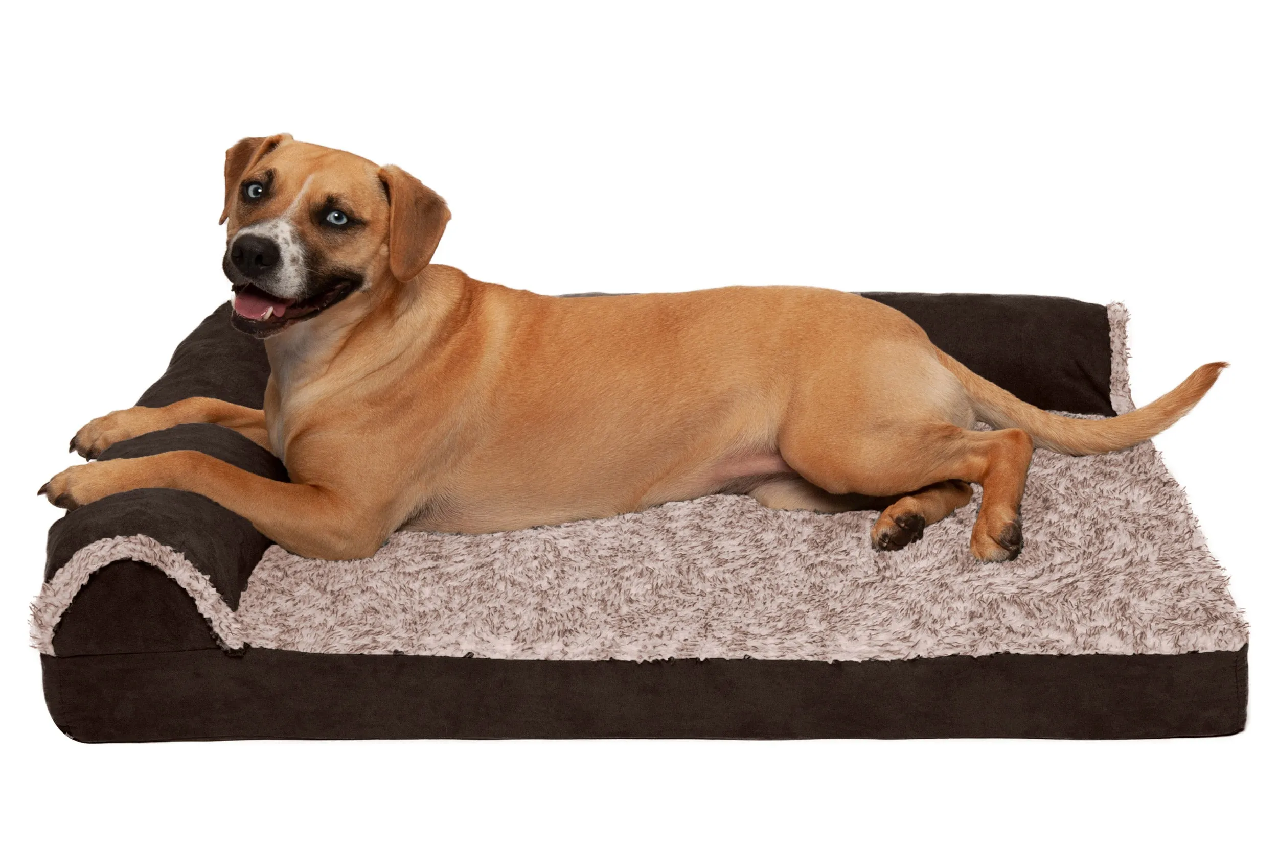 Deluxe Chaise Lounge Dog Bed - Two-Tone Faux Fur & Suede