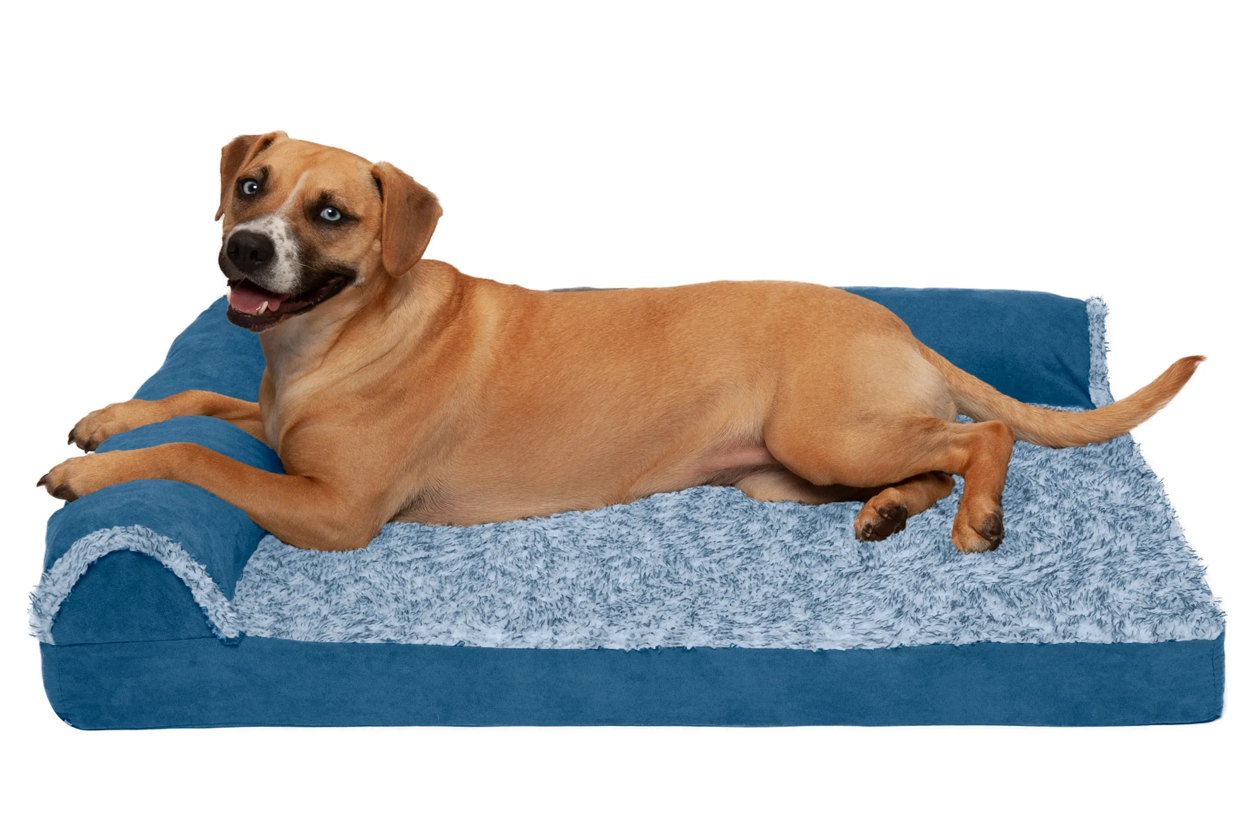 Deluxe Chaise Lounge Dog Bed - Two-Tone Faux Fur & Suede