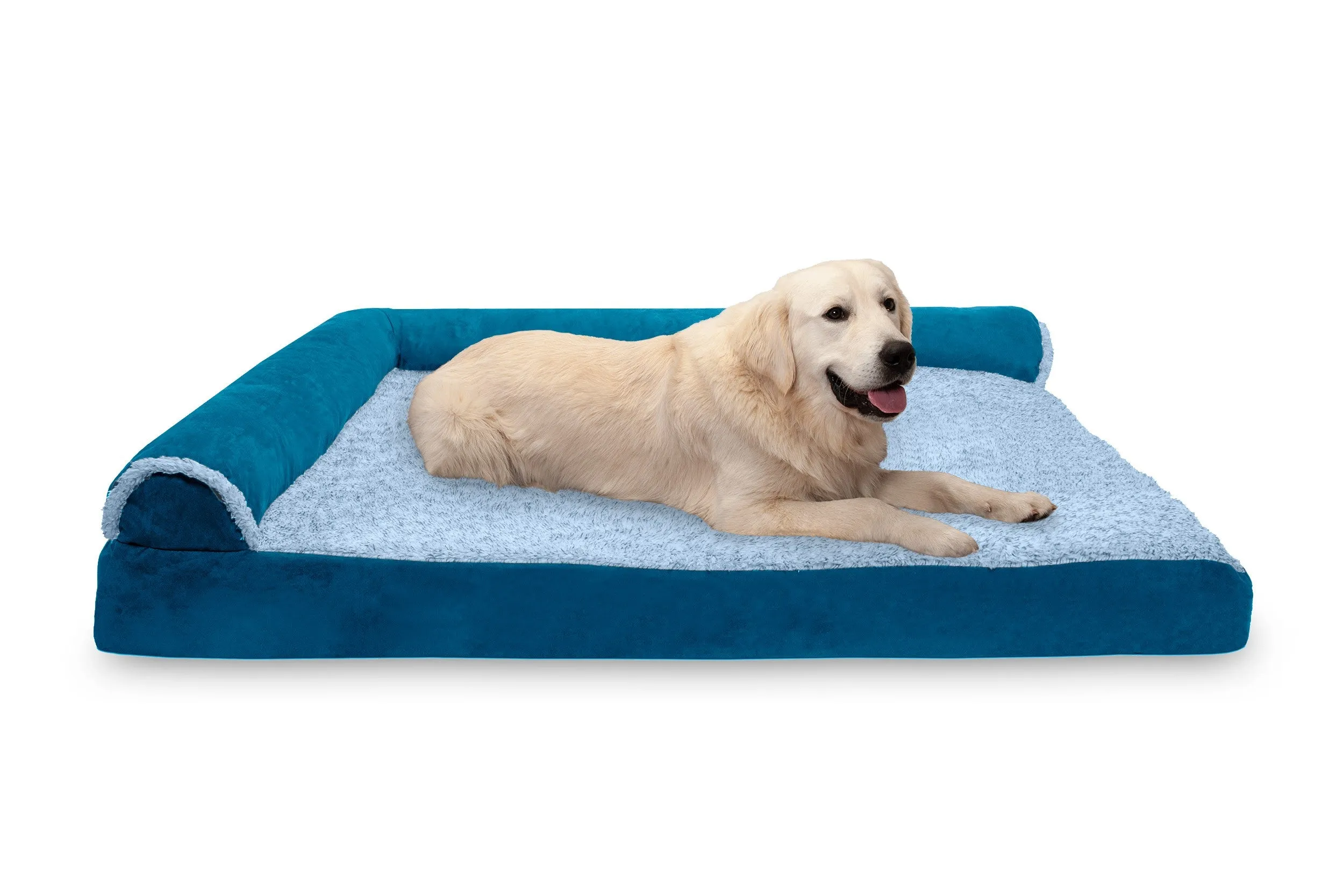 Deluxe Chaise Lounge Dog Bed - Two-Tone Faux Fur & Suede