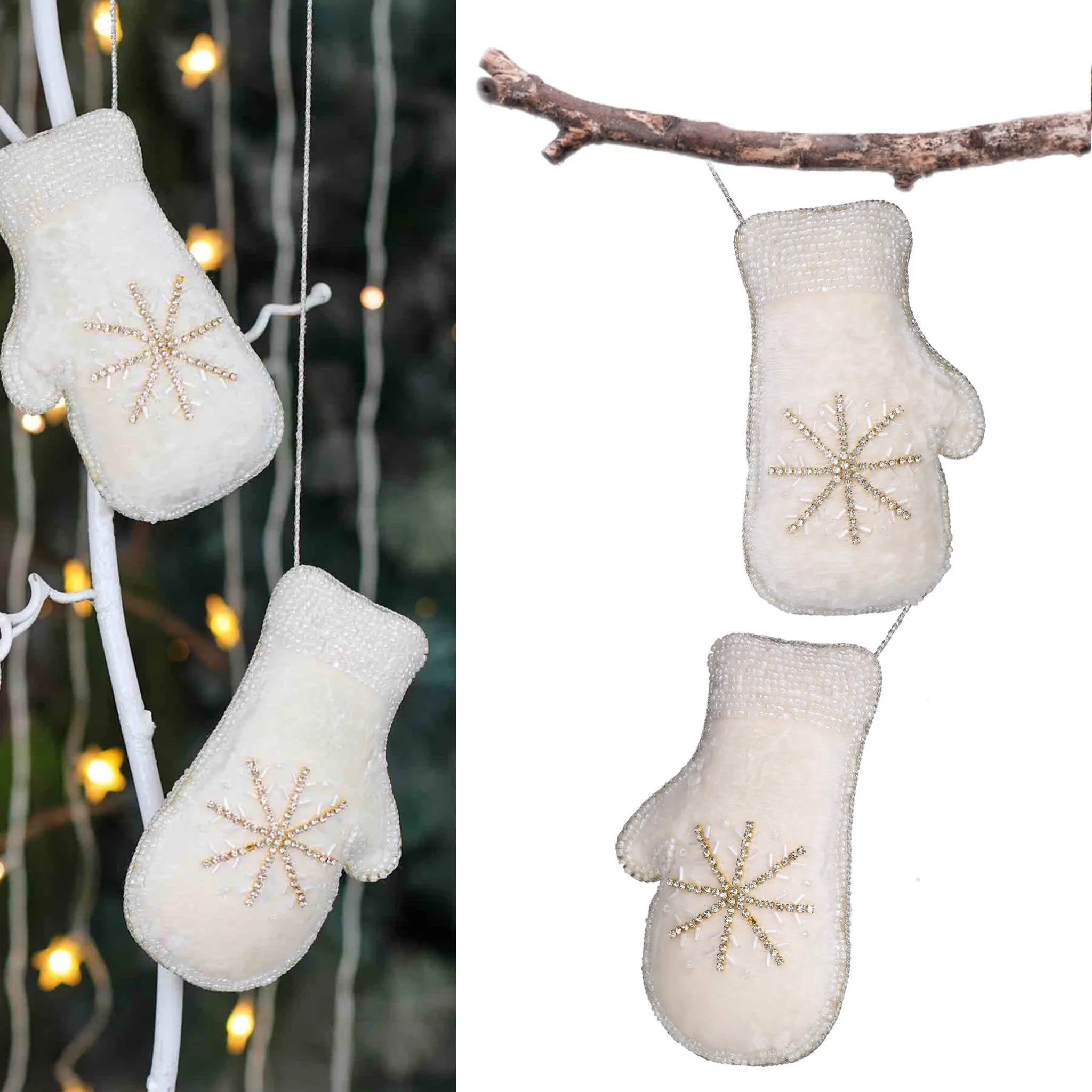 Felt Stocking Christmas Ornament in White & Gold, Set of 2