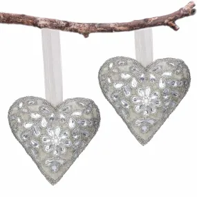 #LOVE Bead Embroidered Heart Ornament in Lt. Grey, Set of 2