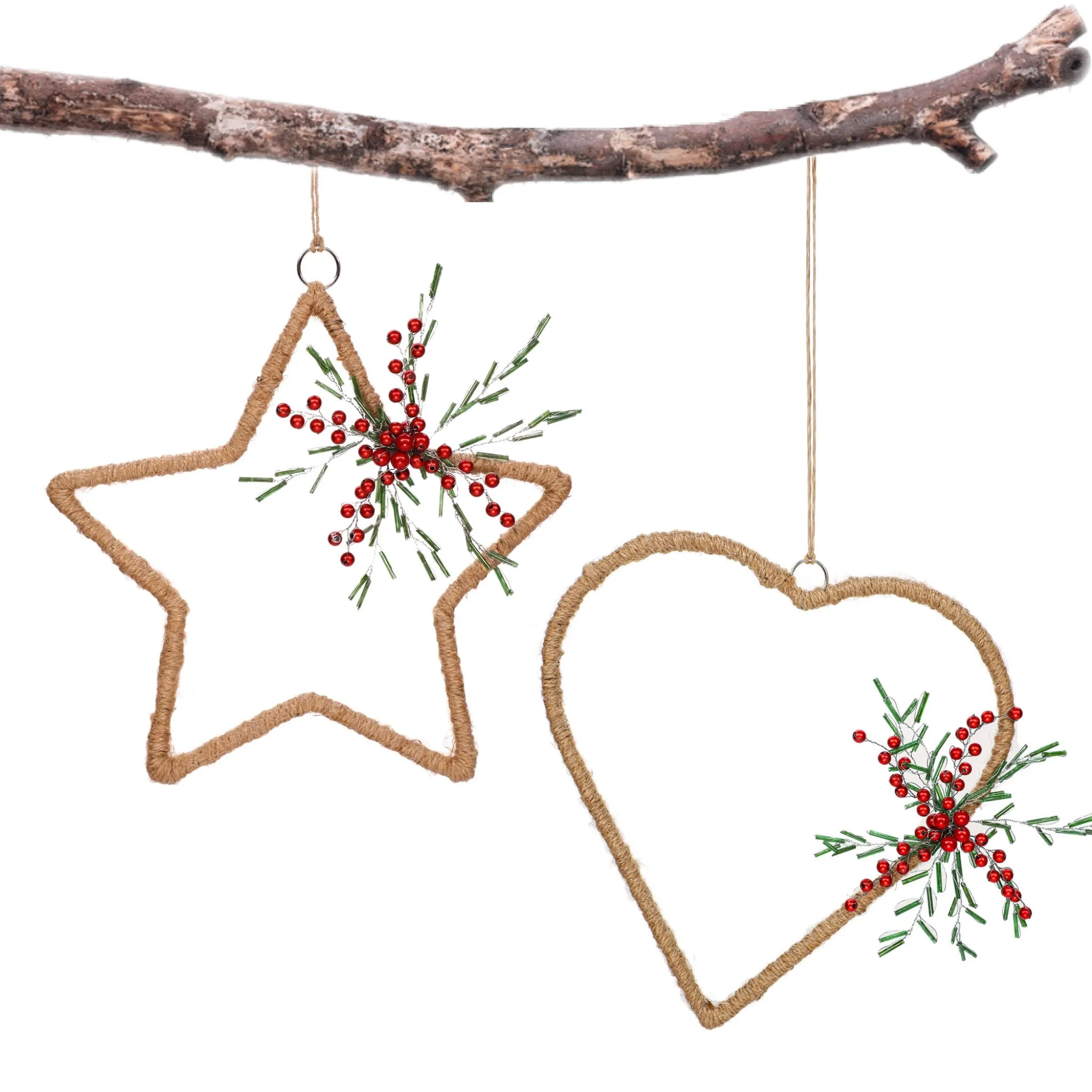 Natural Jute Star Heart Wreath Hanging in Red, Set of 2