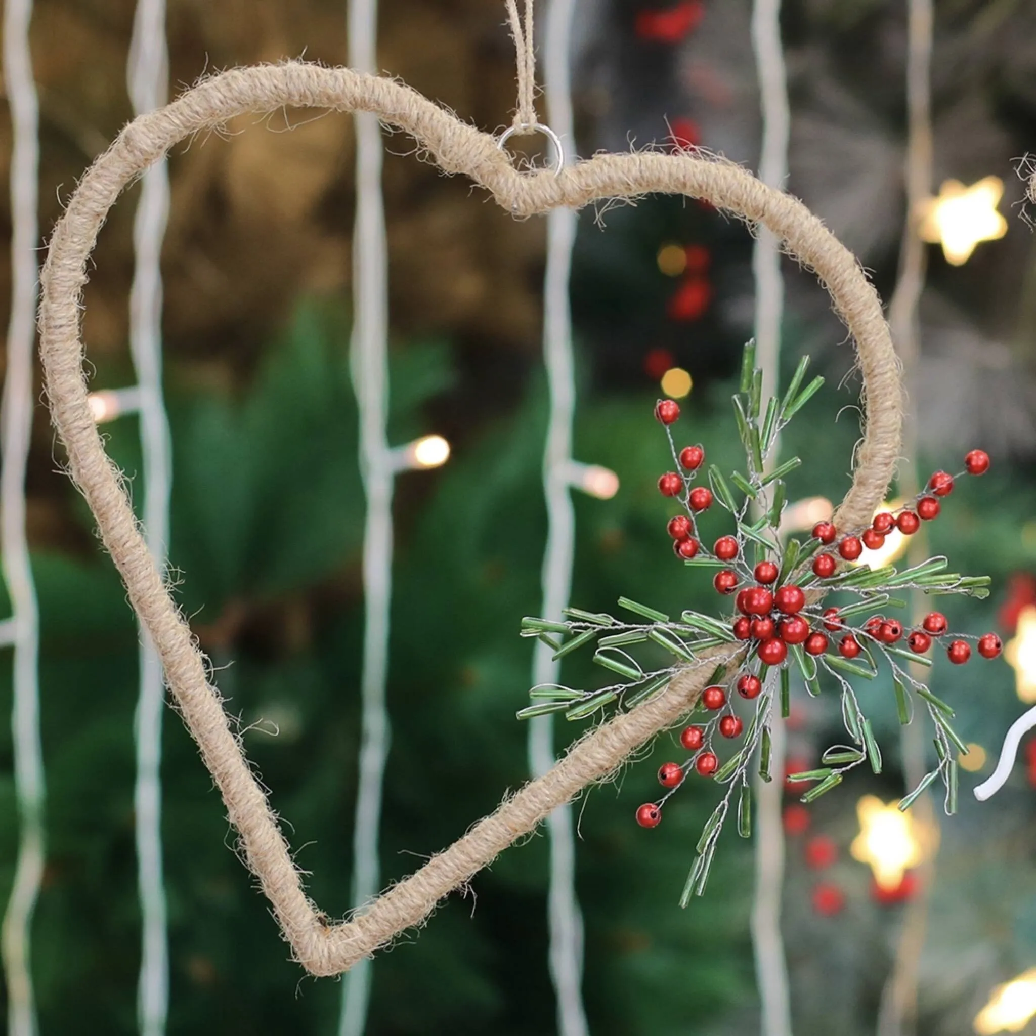 Natural Jute Star Heart Wreath Hanging in Red, Set of 2