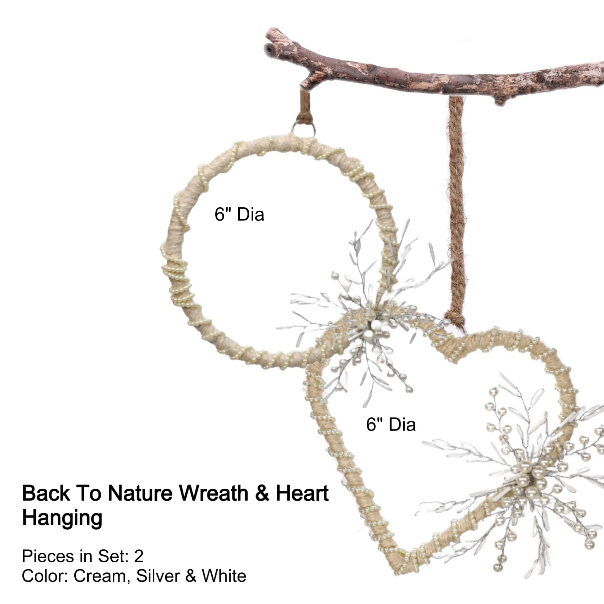 Natural Jute Wreath Heart Hanging in Cream & White, Set of 2