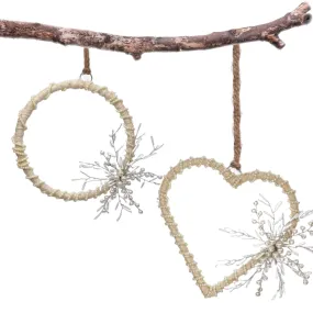 Natural Jute Wreath Heart Hanging in Cream & White, Set of 2