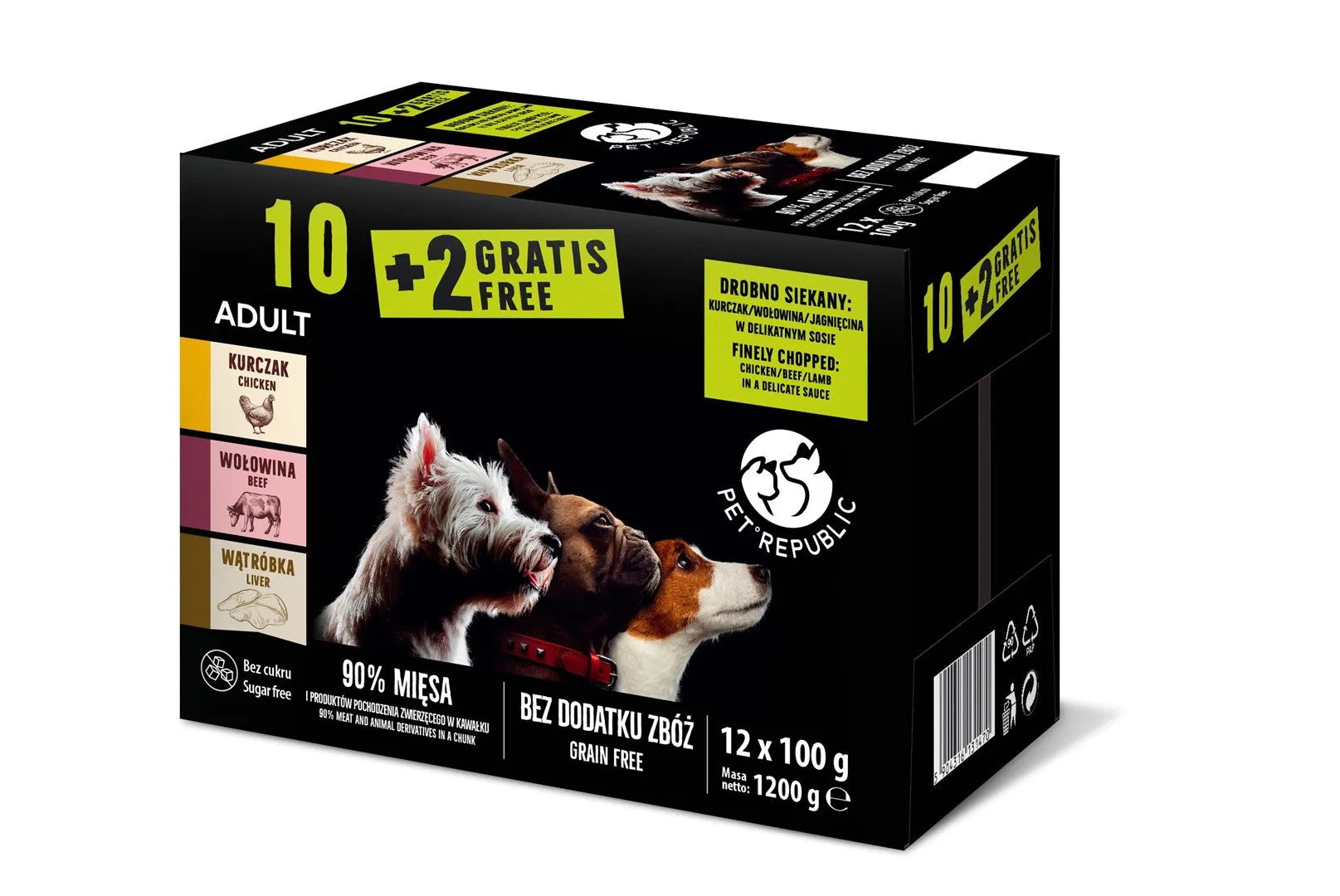 Petrepublic Chicken, Beef, Liver- Wet Dog Food 10   2 Gratis! - 12X 100G