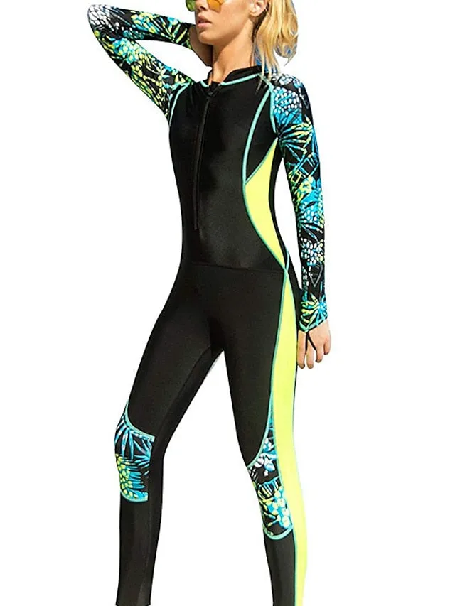 SBART Women's Rash Guard Dive Skin Suit UV Sun Protection UPF50  Breathable Full Body Swimsuit Front Zip Swimming Diving Surfing Snorkeling Leaves Print Spring, Fall, Winter, Summer / Stretchy